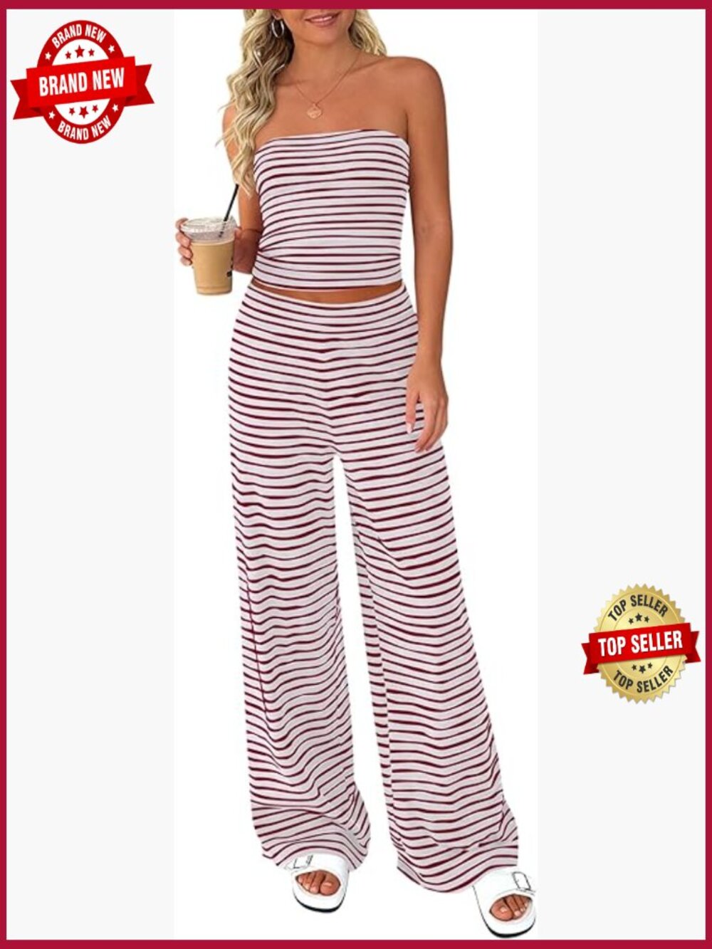 Two Piece Striped Lounge Set - Tube Top & Wide Leg Pants - S - Bodysuit & Pants